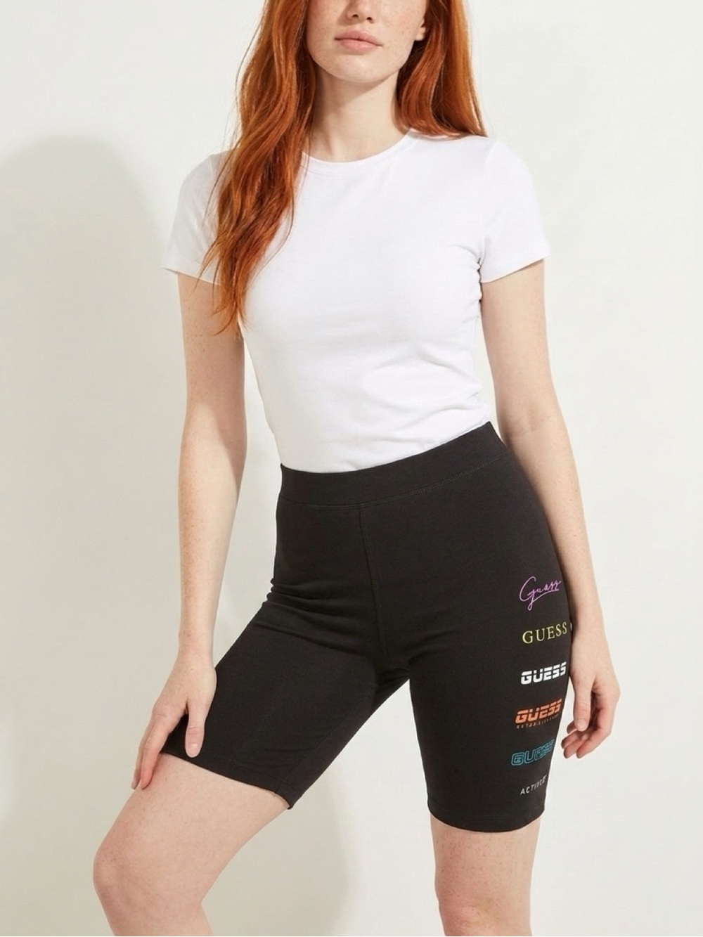 Guess Black High Waist Logo Bike Shorts with Multicolur